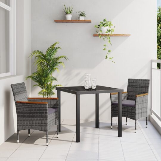 Set de masă pentru grădină cu pernă 3 pcs Gri Rattan poli