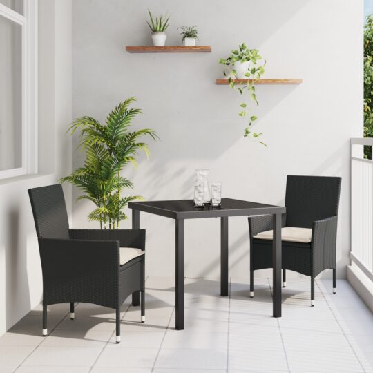 Set de masă pentru grădină cu pernă 3 pcs Negru Rattan poli
