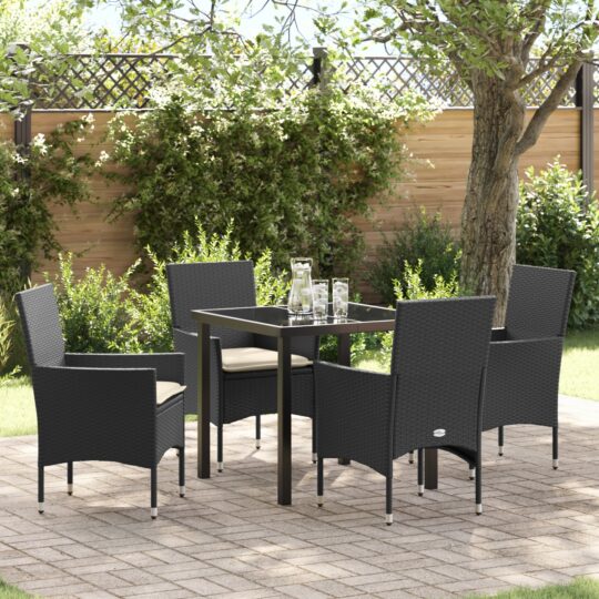 Set de masă pentru grădină cu pernă 5 pcs Negru Rattan poli