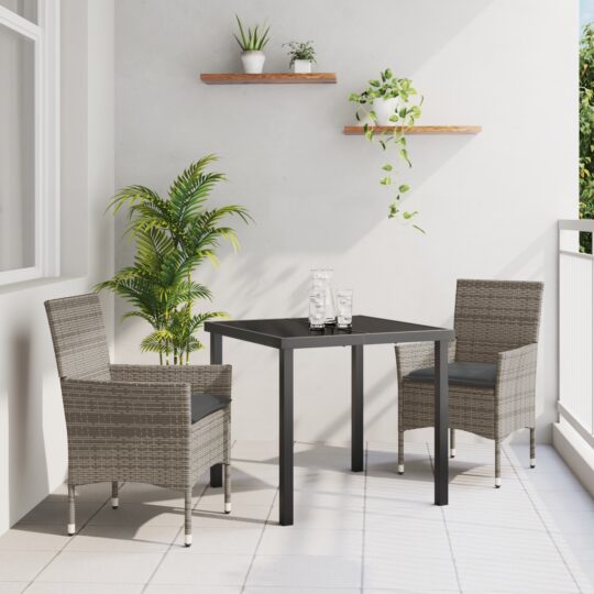 Set de masă pentru grădină cu pernă 3 pcs Gri Rattan poli