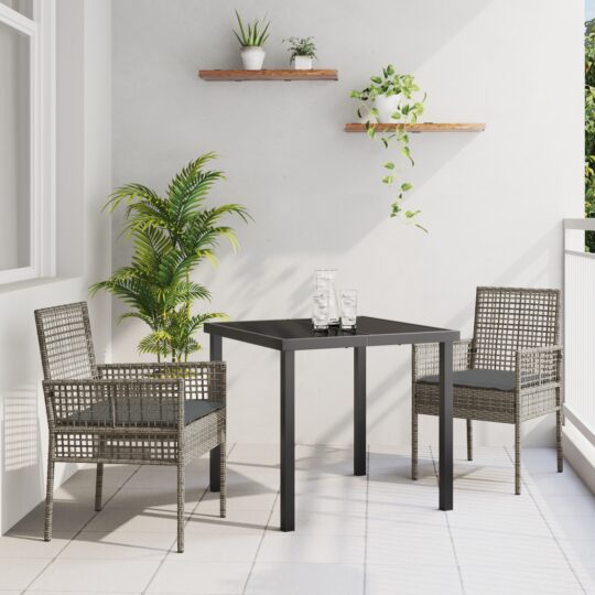 Set de masă pentru grădină cu pernă 3 pcs Gri Rattan poli