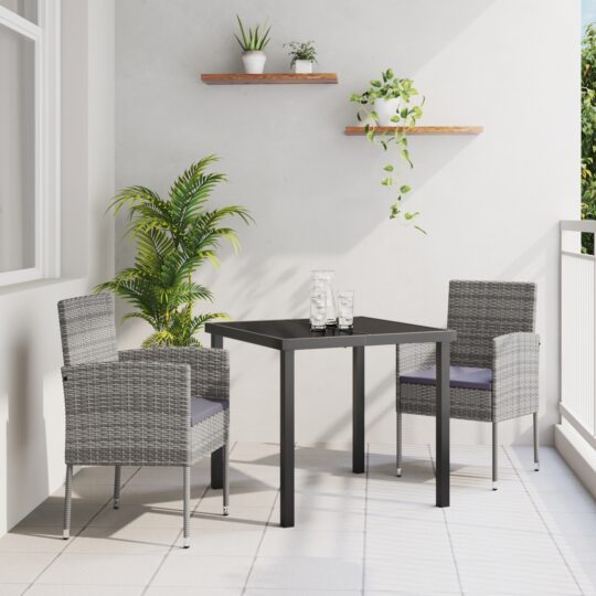 Set de masă pentru grădină cu pernă 3 pcs Gri Rattan poli