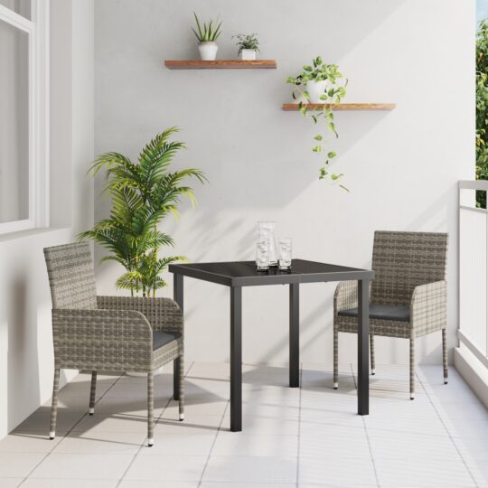 Set de masă pentru grădină cu pernă 3 pcs Gri Rattan poli