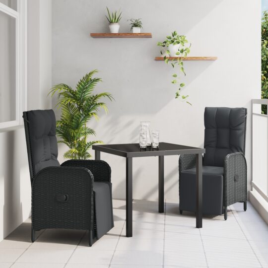 Set de masă pentru grădină cu pernă 3 pcs Negru Rattan poli