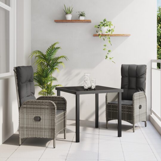 Set de masă pentru grădină cu pernă 3 pcs Gri Rattan poli