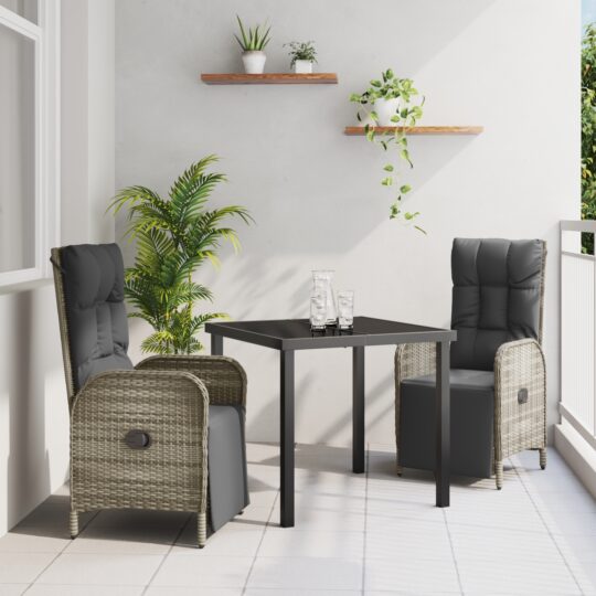 Set de masă pentru grădină cu pernă 3 pcs Gri Rattan poli