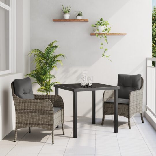 Set de masă pentru grădină cu pernă 3 pcs Gri Rattan poli