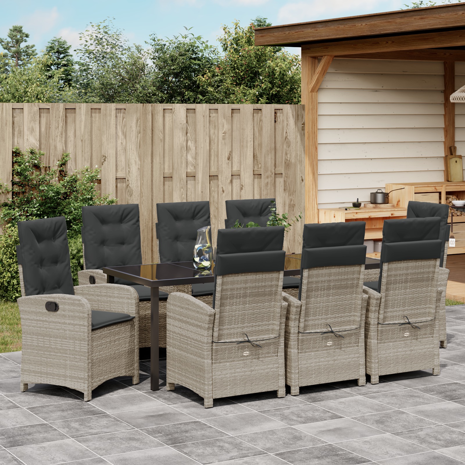 3380301 4 Set de dining de grădină 9 piese cu perne Gri deschis Ratan Poli Set de dining de grădină 9 piese cu perne Gri deschis Ratan Poli - imagine 4