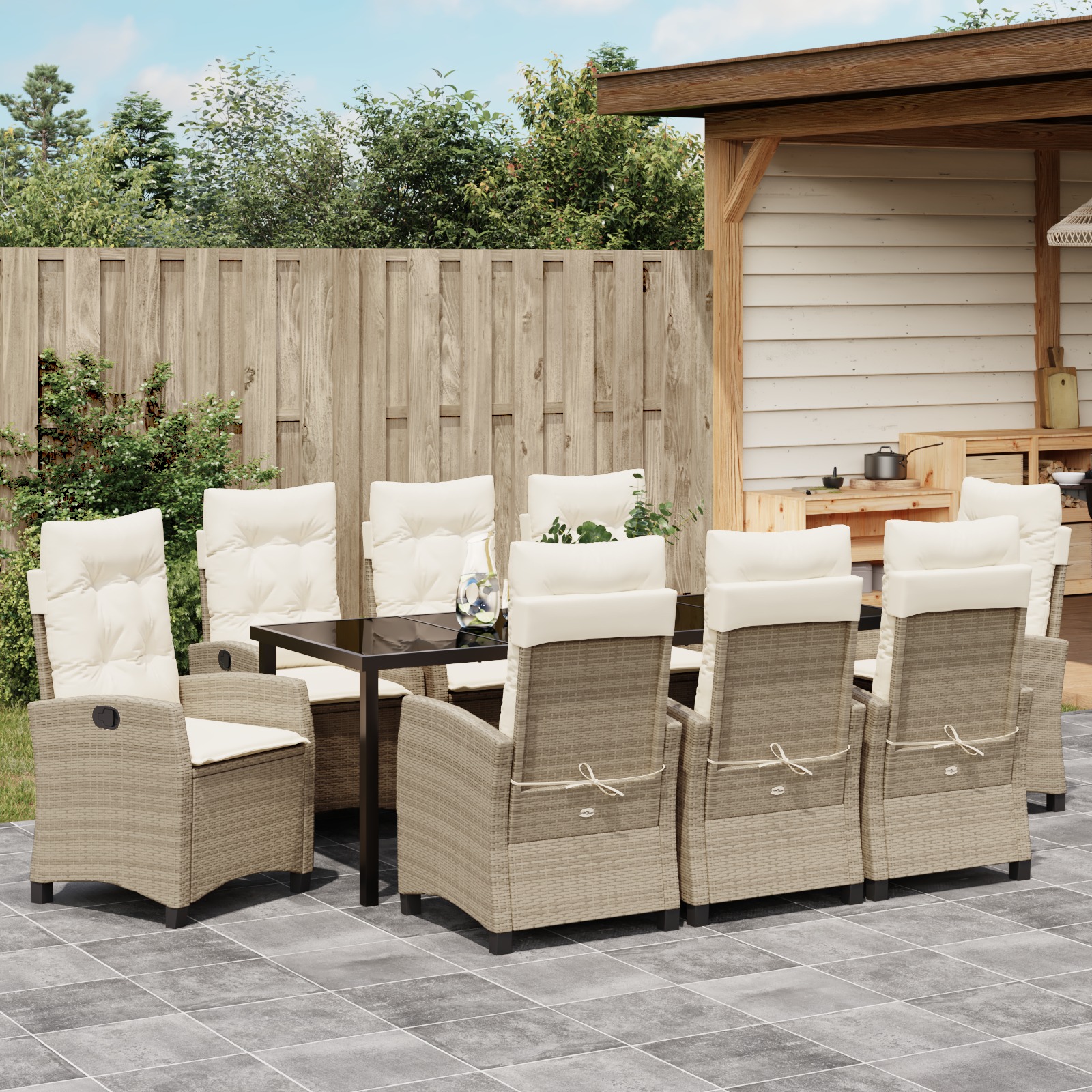 3380399 4 Set de mese de grădină de 9 piese cu perne bej din rattan poli Set de mese de grădină de 9 piese cu perne bej din rattan poli - imagine 4