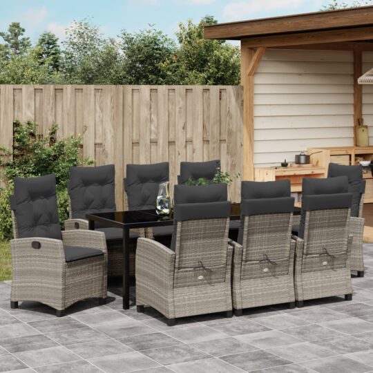 3380413 4 Set de Mese de Grădină de 9 Piese cu Perne Gri Deschis din Poliratan 3380413 4