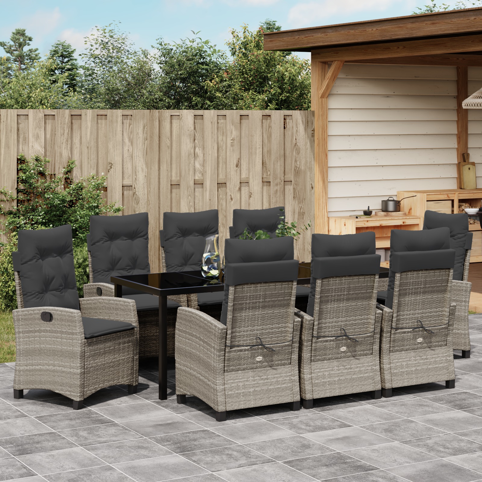 3380413 4 Set de Mese de Grădină de 9 Piese cu Perne Gri Deschis din Poliratan Set de Mese de Grădină de 9 Piese cu Perne Gri Deschis din Poliratan - imagine 4