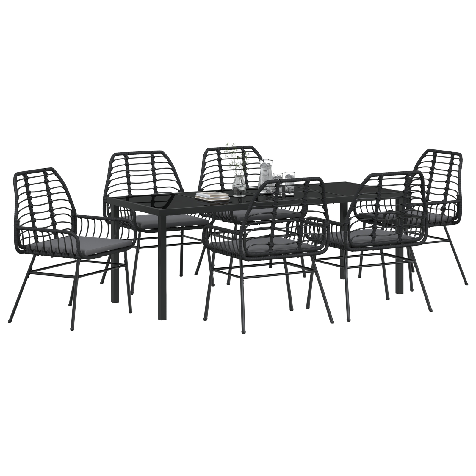 3380860 3 Set de Dining Exterior 7 Piese cu Perne Negru Poliratan Set de Dining Exterior 7 Piese cu Perne Negru Poliratan - imagine 3