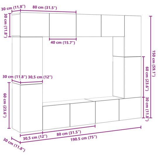 3393324 11 Set comodă TV 8 pcs Lemn vechi 80 x 30 x 30 cm Lemn compozit 3393324 11