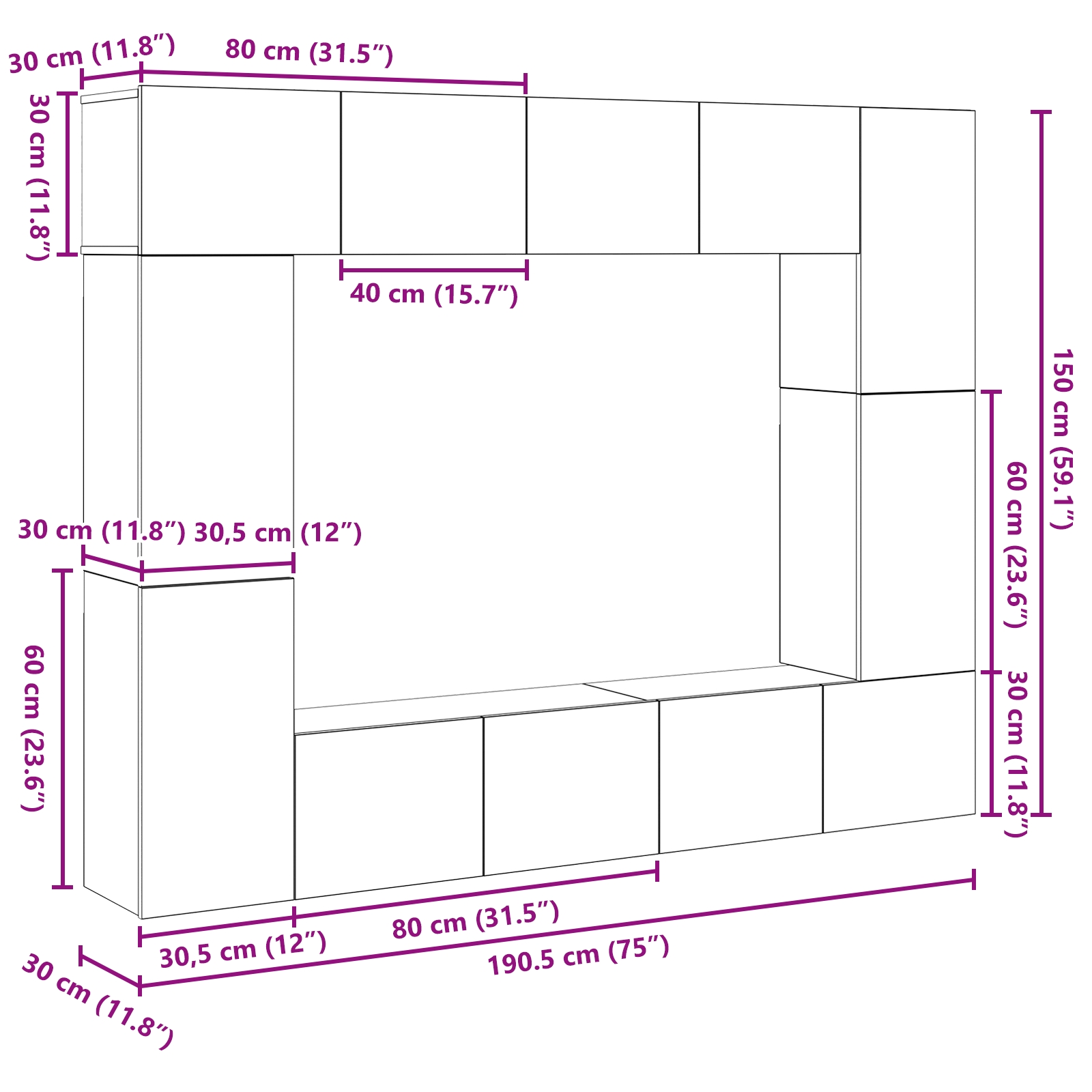 3393324 11 Set comodă TV 8 pcs Lemn vechi 80 x 30 x 30 cm Lemn compozit Set comodă TV 8 pcs Lemn vechi 80 x 30 x 30 cm Lemn compozit - imagine 11
