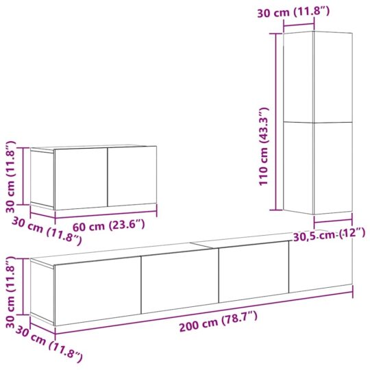3393327 13 Set comodă TV 4 pcs Lemn vechi 30.5 x 30 x 110 cm Lemn compozit 3393327 13