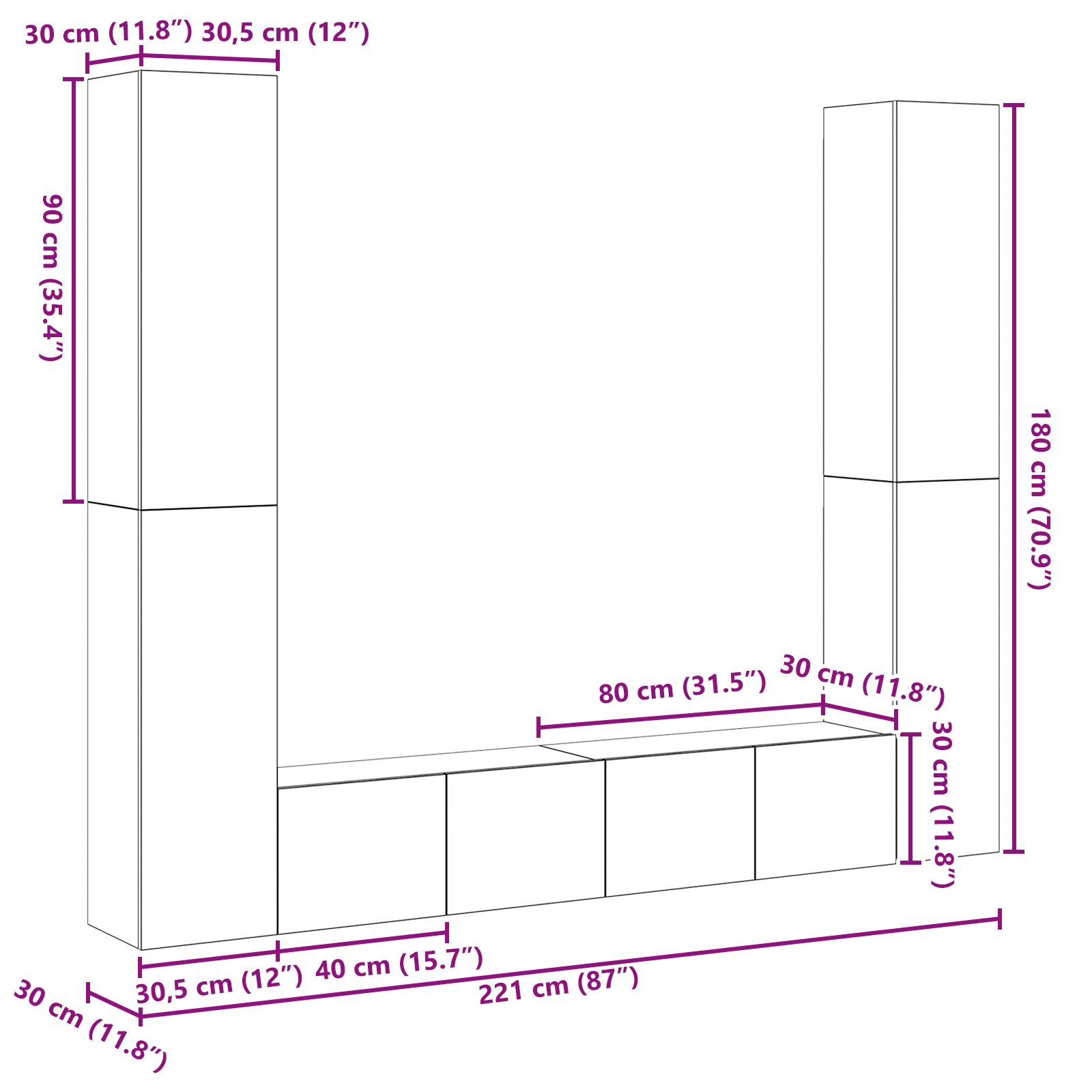 3393449 11 Cabinet TV 6 pcs Maro 221 x 30 x 180 cm Lemn compozit Cabinet TV 6 pcs Maro 221 x 30 x 180 cm Lemn compozit - imagine 11
