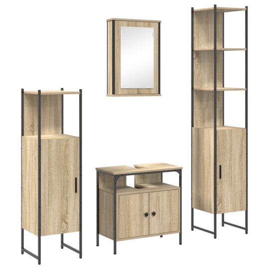 Alternative view of Set de mobilier pentru baie cu raft cu ușă 4 pcs Stejar sonoma