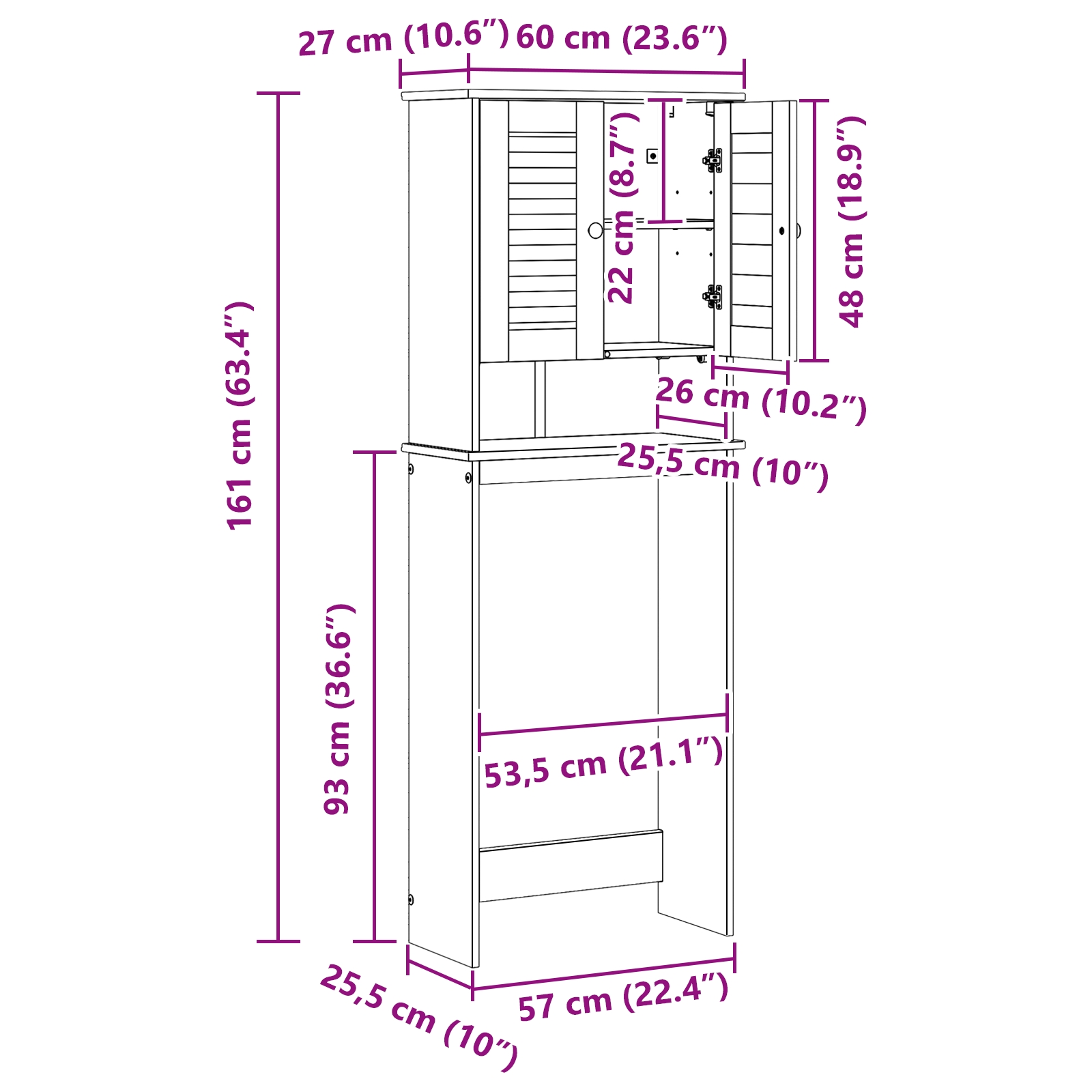 4019128 12 Dulap pentru toaletă cu raft cu ușă VIGO Alb 60 x 27 x 161 cm Dulap pentru toaletă cu raft cu ușă VIGO Alb 60 x 27 x 161 cm - imagine 12