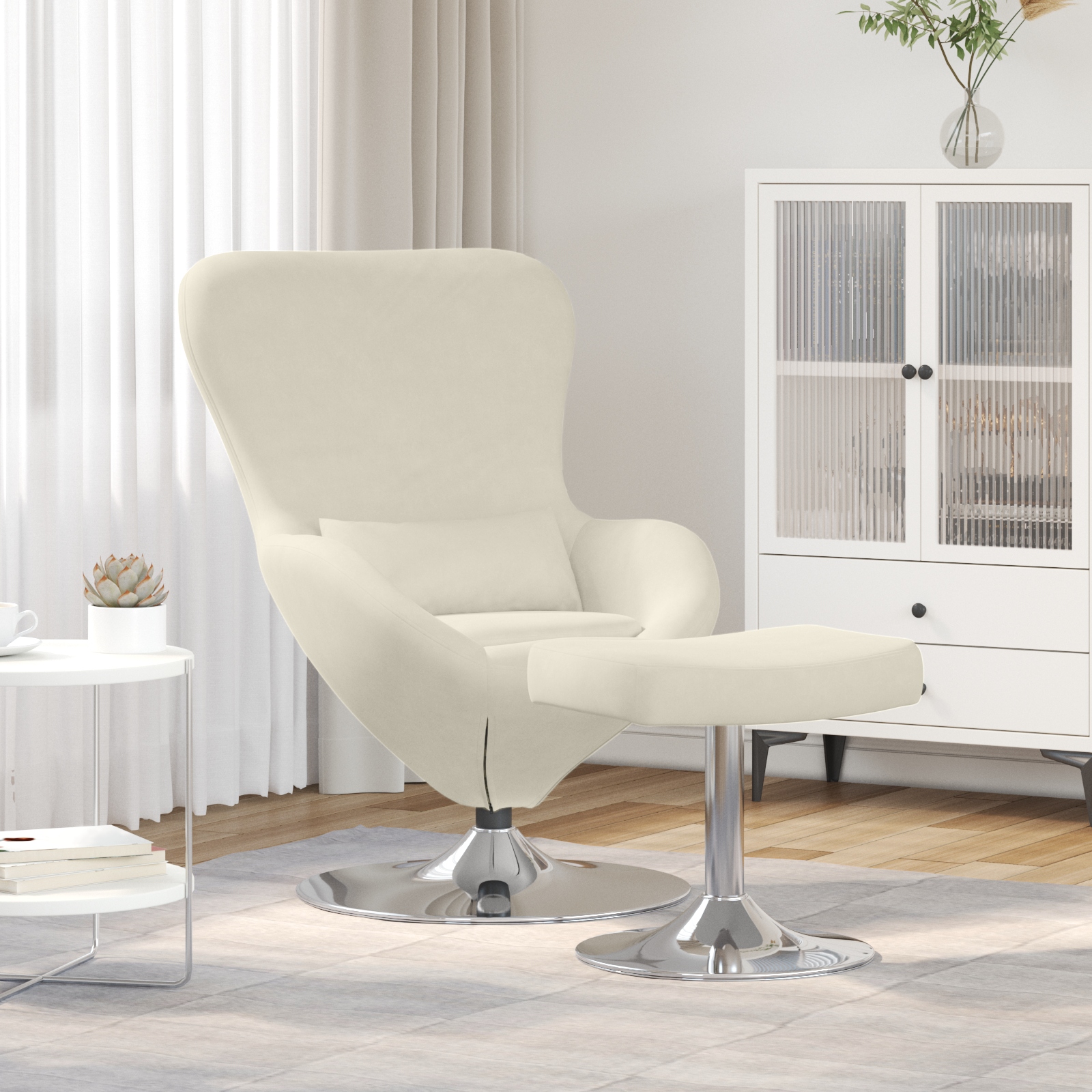 42002753 1 Scaun Egg cu Taburet Crem 63 x 73 x 90 cm Catifea Scaun Egg cu Taburet Crem 63 x 73 x 90 cm Catifea