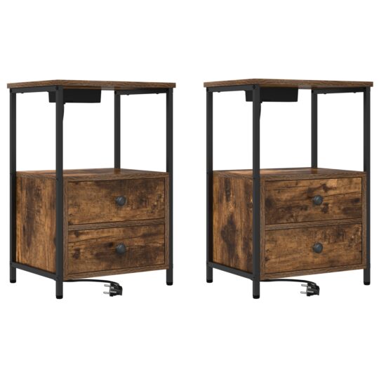 Alternative view of Cabinet de noptiere cu stație de încărcare 2 pcs Stejar afumat