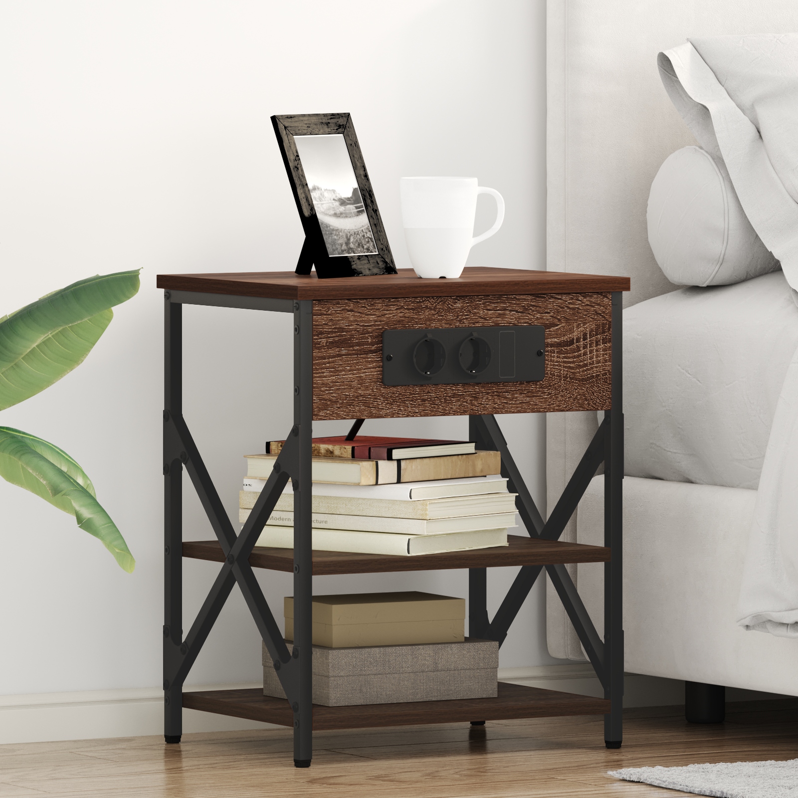 859524 1 Cabinet de noptiere cu stație de încărcare 2 pcs Stejar brun Cabinet de noptiere cu stație de încărcare 2 pcs Stejar brun