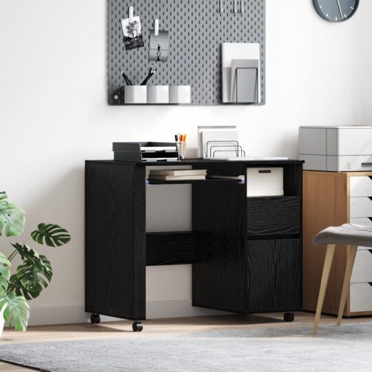 Birou cu Roți Stejar Negru 91 x 50 x 77 cm Lemn compozit