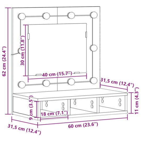 873882 12 Dulap cu oglindă Stejar negru 62 x 31.5 x 62 cm Lemn compozit 873882 12