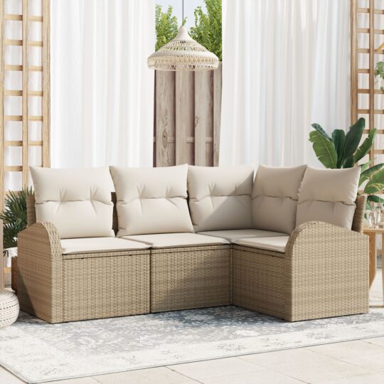 Set de canapele pentru grădină cu pernă 4 pcs Bej Rattan poli