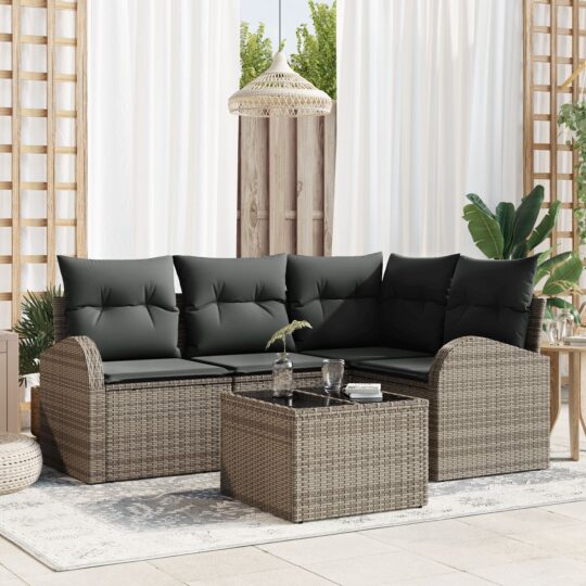 Set de canapele pentru grădină cu pernă 5 pcs Gri Rattan poli