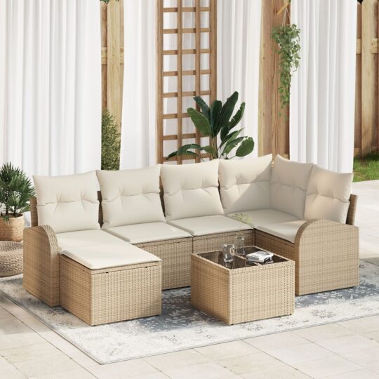 Set de canapele pentru grădină cu pernă 7 pcs Bej Rattan poli