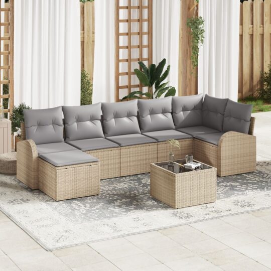 Set de canapele pentru grădină cu pernă 8 pcs Bej Rattan poli