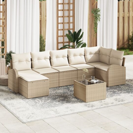 Set de canapele pentru grădină cu pernă 8 pcs Bej Rattan poli