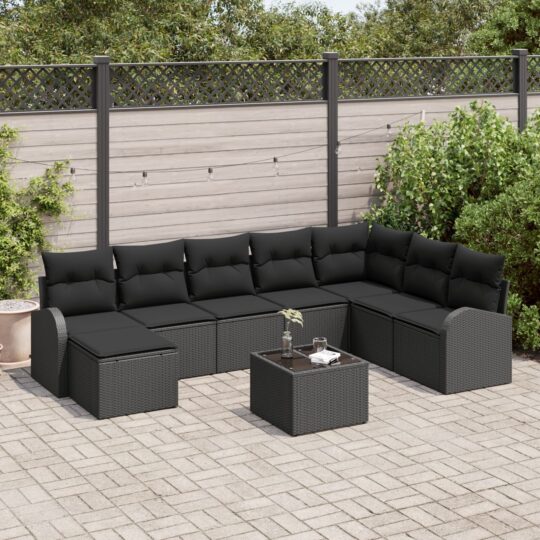 Set de canapele pentru grădină cu pernă 9 pcs Negru Rattan poli