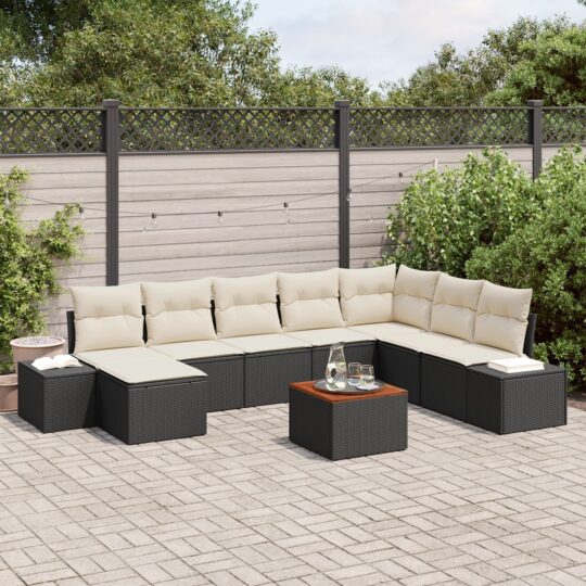 Set de canapele pentru grădină cu pernă 9 pcs Negru Rattan poli