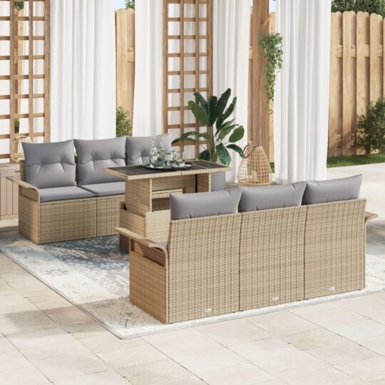 Set de canapele pentru grădină cu pernă 7 pcs Bej Rattan poli