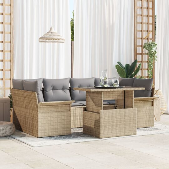 Set de canapele pentru grădină cu pernă 7 pcs Bej Rattan poli