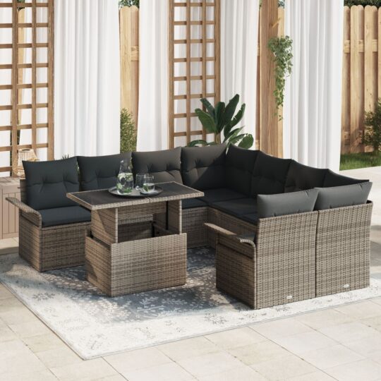 Set de canapele pentru grădină cu pernă 9 pcs Gri Rattan poli