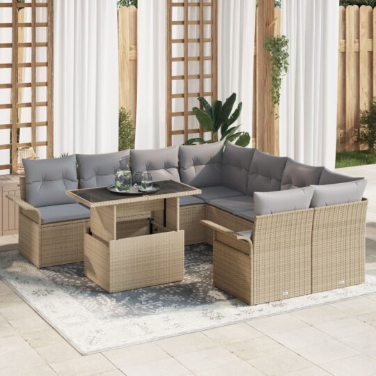 Set de canapele pentru grădină cu pernă 9 pcs Bej Rattan poli