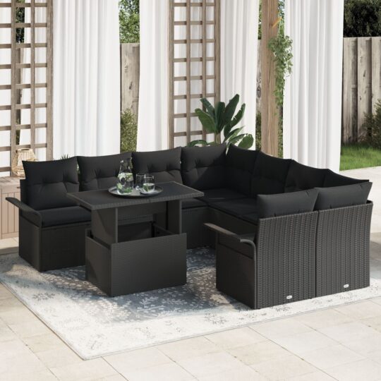 Set de canapele pentru grădină cu pernă 9 pcs Negru Rattan poli