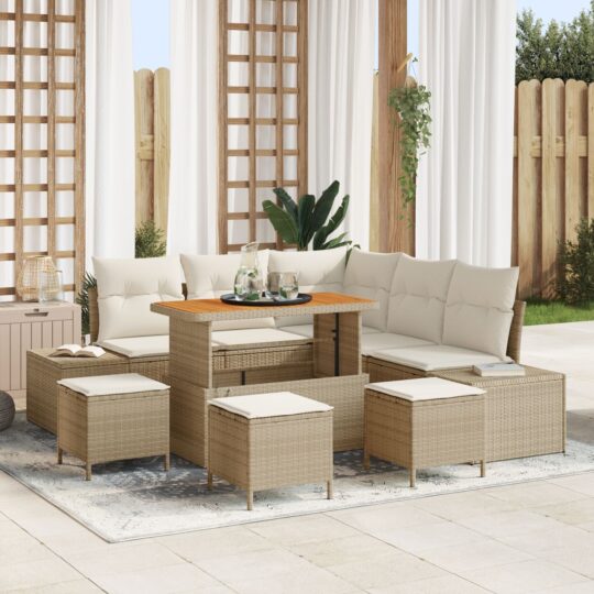 Set de canapele pentru grădină cu pernă 9 pcs Bej Rattan poli