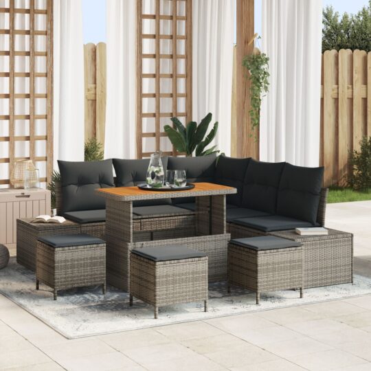 Set de canapele pentru grădină cu pernă 9 pcs Gri Rattan poli