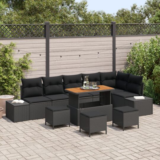 Set de canapele pentru grădină cu pernă 9 pcs Negru Rattan poli