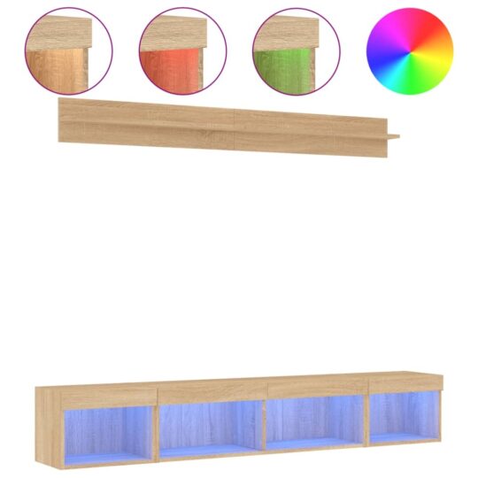 Alternative view of Unități de perete TV cu LED-uri, 5 piese, stejar sonoma, lemn