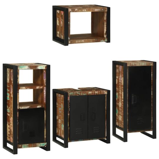 Alternative view of Set de mobilier pentru baie cu ușă 4 pcs Lemn recuperat solid