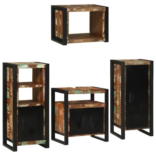 Alternative view of Set de mobilier pentru baie cu ușă 4 pcs Lemn recuperat solid