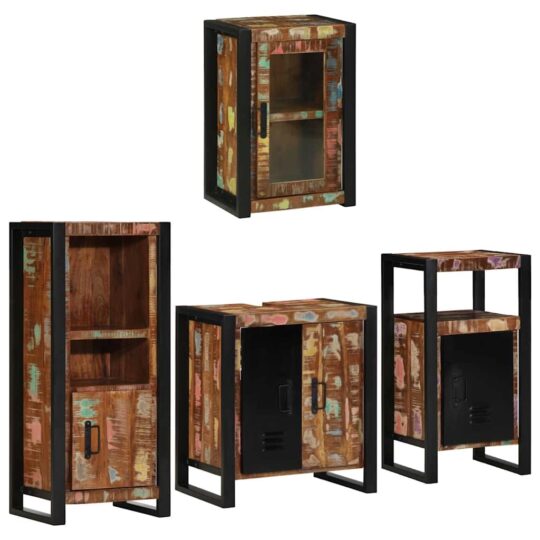Alternative view of Set de mobilier pentru baie cu ușă 4 pcs Lemn recuperat solid