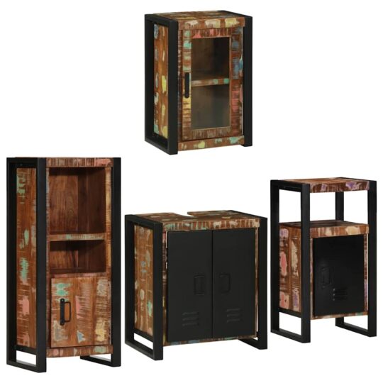 Alternative view of Set de mobilier pentru baie cu ușă 4 pcs Lemn recuperat solid
