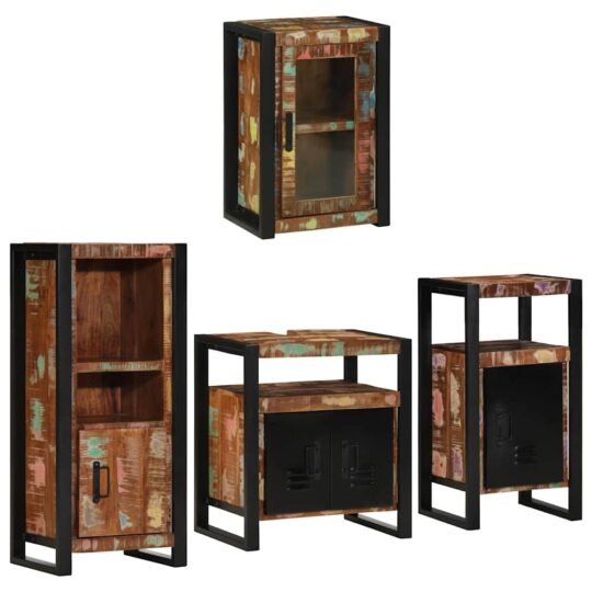Alternative view of Set de mobilier pentru baie cu ușă 4 pcs Lemn recuperat solid