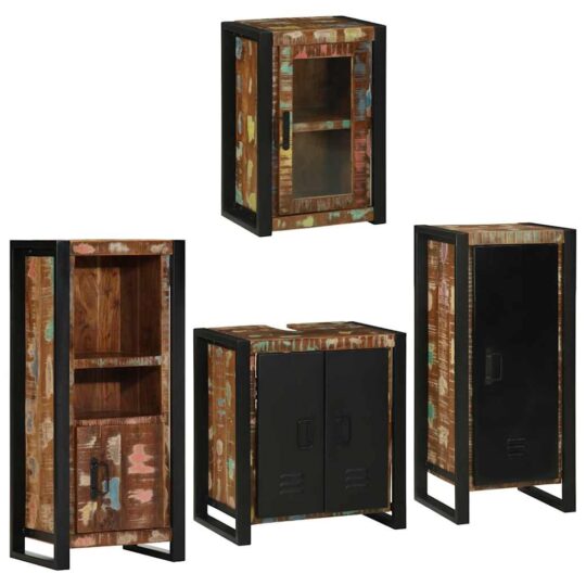 Alternative view of Set de mobilier pentru baie cu ușă 4 pcs Lemn recuperat solid