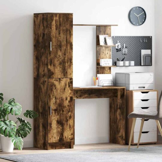 Birou cu spațiu de depozitare cu raft 2 pcs Stejar fumuriu